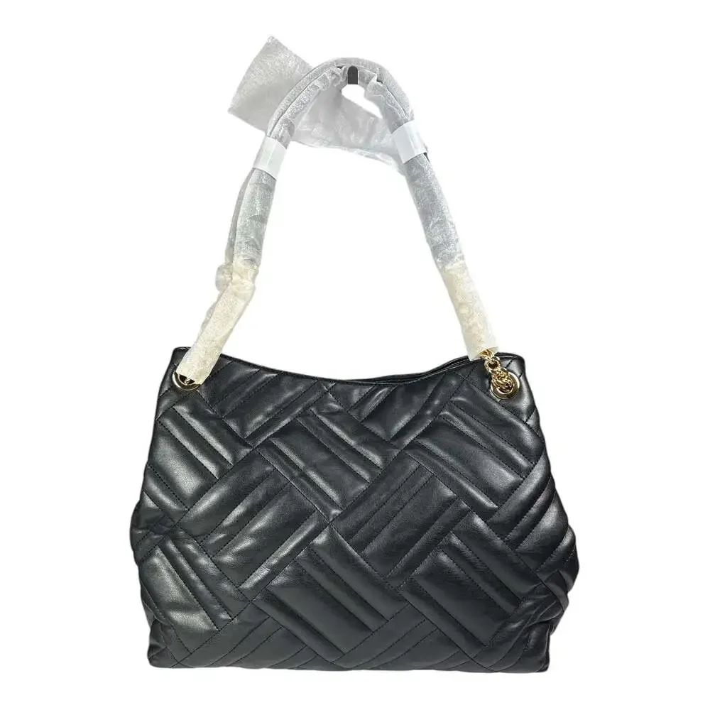 Michael Kors Peyton Black Large Chain Shoulder Tote Quilted Vegan Leather NWT